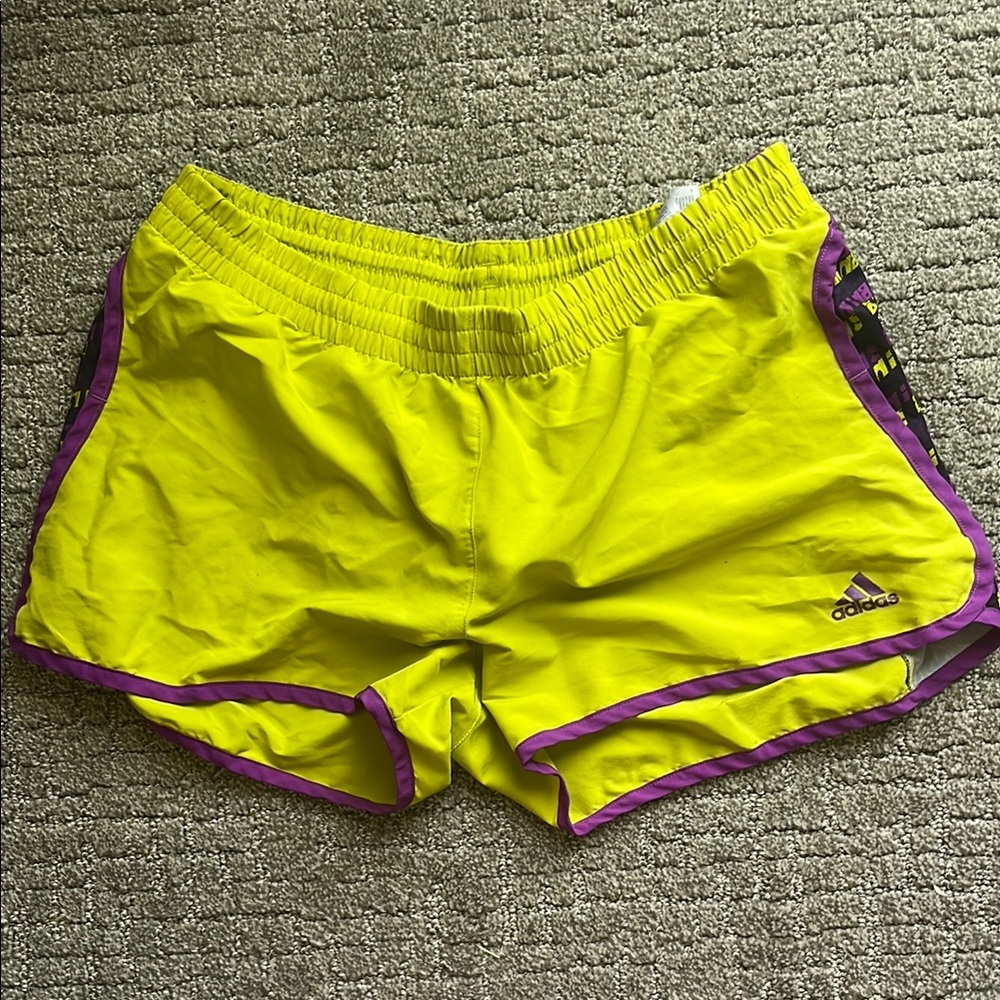 Adidas Neon Yellow and Purple Athletic Shorts Lightweight Design